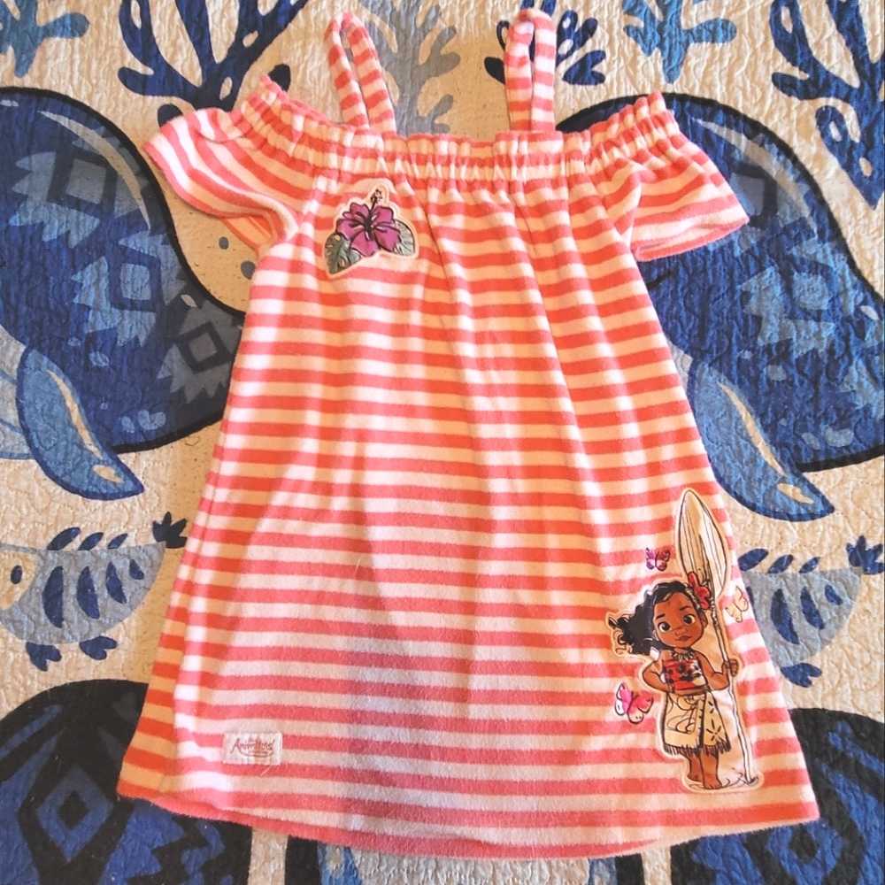 Disney Girl's sz 5 6 Moana Pink White Stripe Terry Cloth Dress Swim Cover Up
